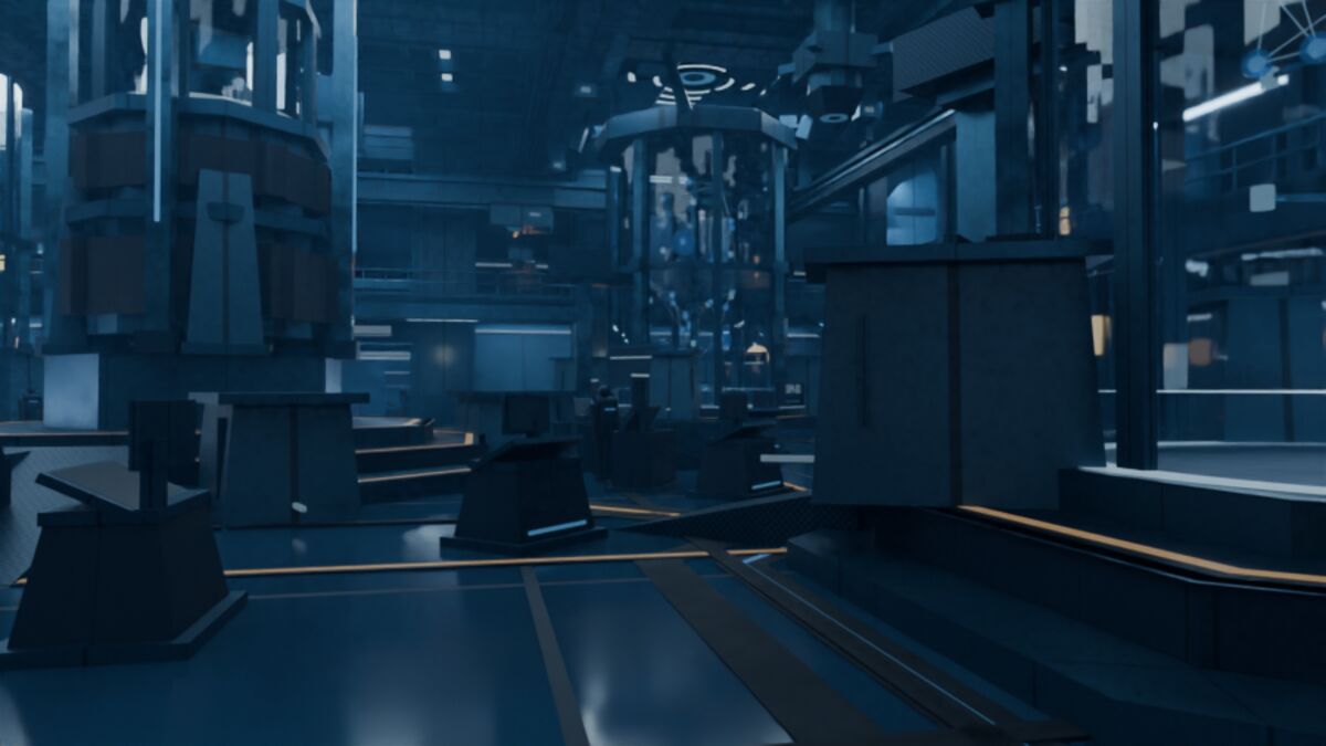 Interior of Data Core Alpha — a steel-blue research-facility arena with a central reactor core