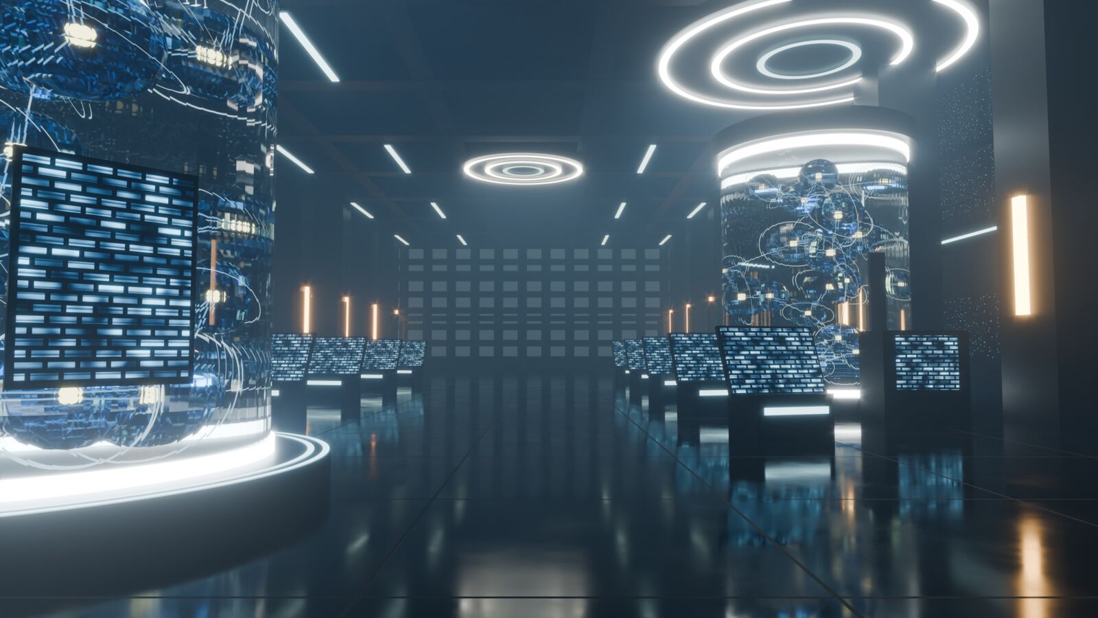A dark reactor hall in Data Core Alpha with glowing ceiling rings and amber wall lights